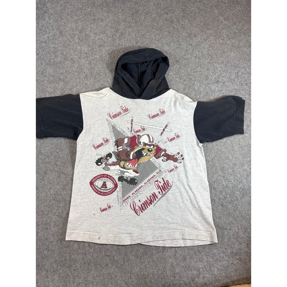 Vtg 90s Looney Tunes Tasmanian Devil Alabama Crimson Tide Hood Shirt Boys L Gray